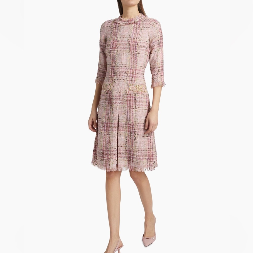 Teri Jon Elegant Pink Plaid Tweed Cocktail Dress 18